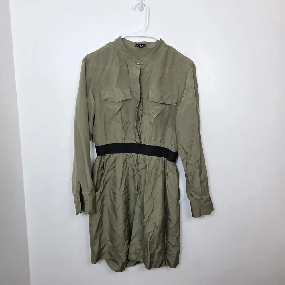 Theory Olive Green Silk Long Sleeve Mettie Elastic Waist Mini Dress Size 8‎